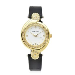 Strada Austrian Crystal Japanese Movement Watch with Black Faux Leather Strap